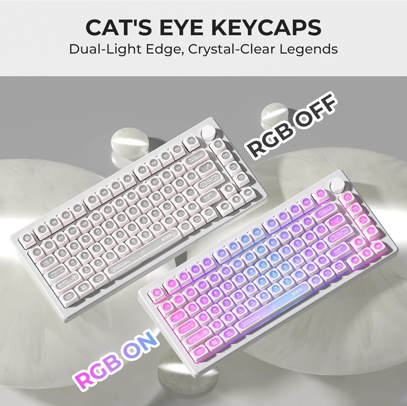 OHY XVX White Shine Through Keycaps for Mechanical Keyboards - 136 Keys White Translucent Cat Eye Design,Cherry MAX Profile, PC+PBT Frosted RGB Keycaps - Image 4